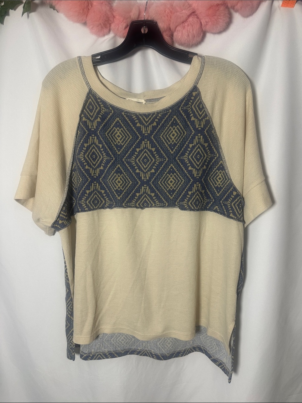 ODDY Cream Short Sleeve Top with Blue Diamond Panel